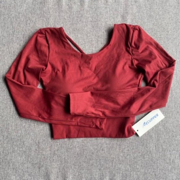 Long Sleeve Sport Crop Top, Strappy Fitness Shirt with Thumb Hole, Small - Picture 4 of 7